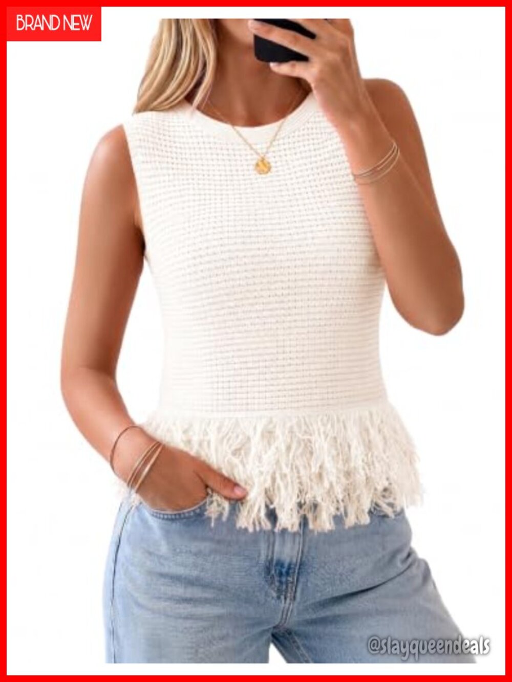 Sleeveless Crochet Knit Sweater Vest Fringe Hem Tank Top